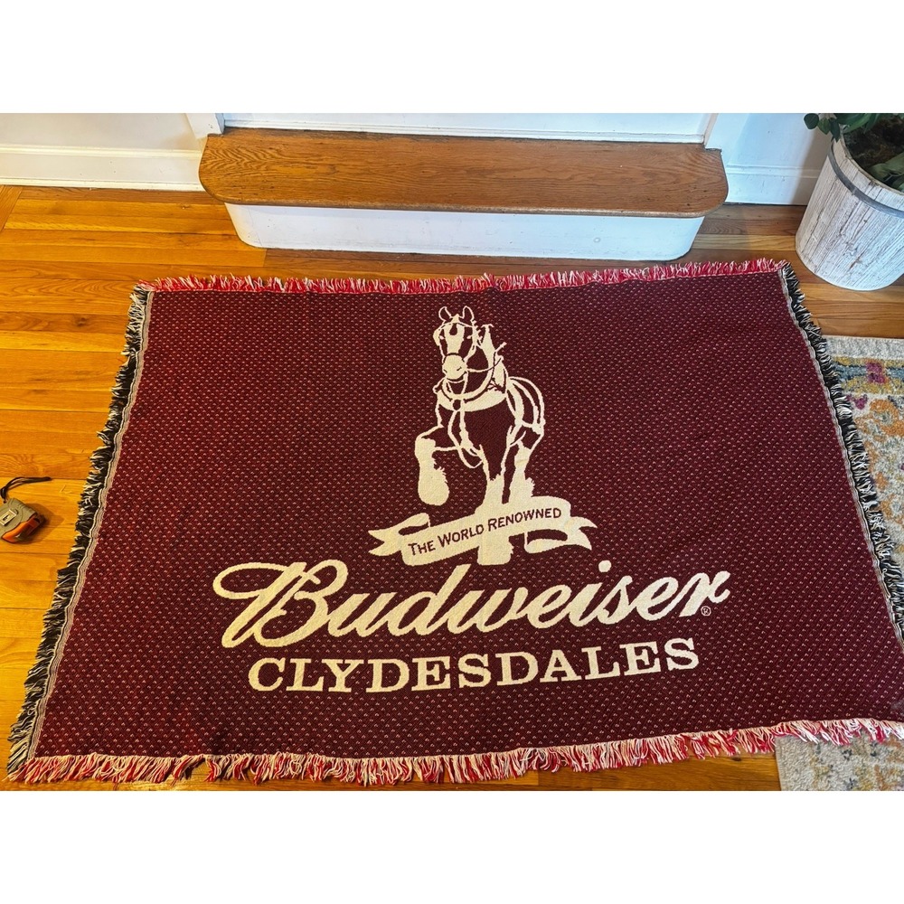 Vintage Budweiser Clydesdale Horse Fringe Tapestry Throw Lap Blanket‎ Knit
